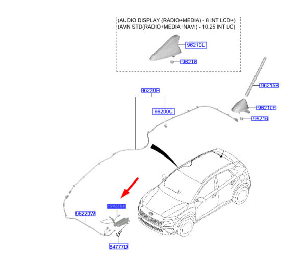 96240K4000 - Hyundai Kona MK1, Wireless Antenna, Left Hand Handlebar, 96240K4000, New Original
