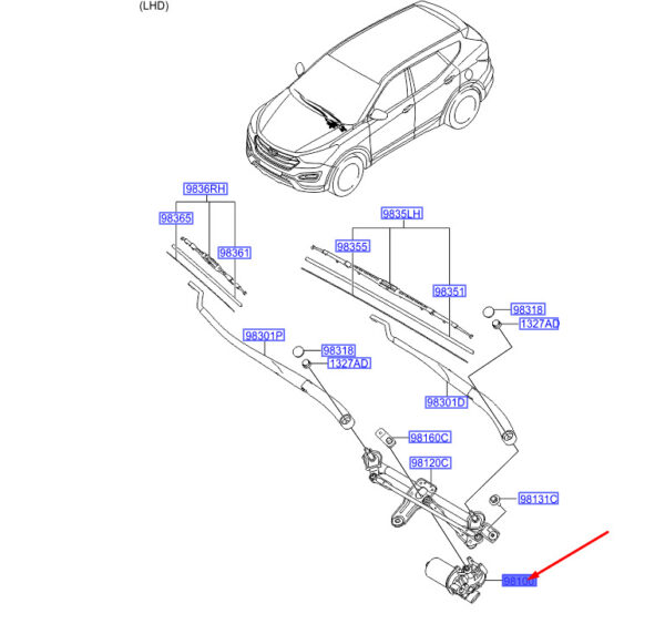 981102W000 - Hyundai Santa Fe MK3 DM windshield wiper motor LHD 981102W000 NEW ORIGINAL