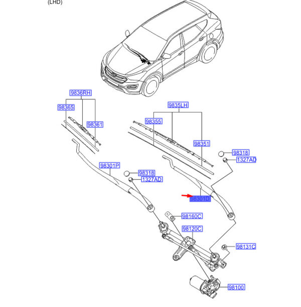 983112W100 - Hyundai Santa Fe MK3 DM front wiper arm left LHD 983112W100 NEW ORIGINAL