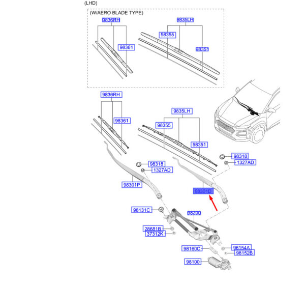 98311J9000 - Hyundai Kona MK1 wiper arm front left LHD 98311J9000 NEW ORIGINAL