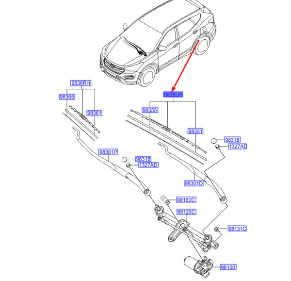 983502W100 - Hyundai Santa Fe MK3 DM front wiper left LHD 983502W100 NEW ORIGINAL