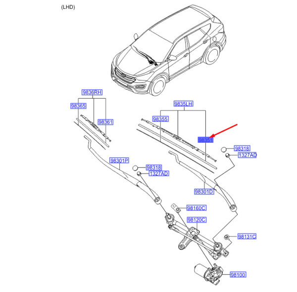 983512W100 - Hyundai Santa FE MK3 DM Rubber Front Left Wiper Blade LHD 983512W100 NEW